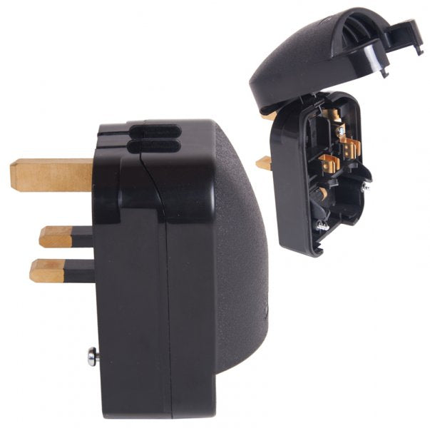 A black EU Schuko to UK Plug Adaptor with a visible internal fuse and construction details.